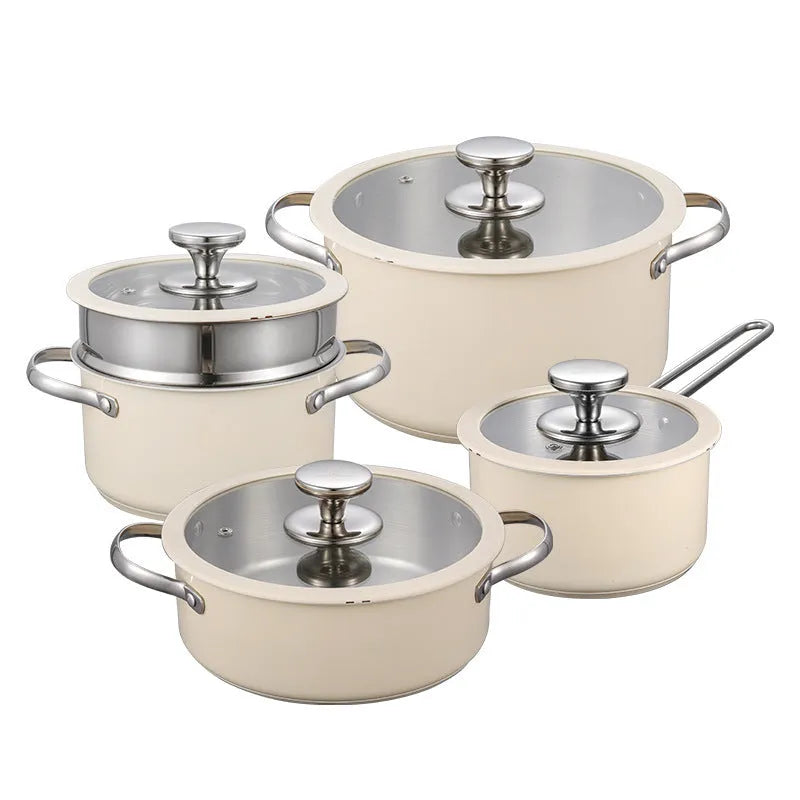 Four 304 stainless steel double bottom soup pots in beige with composite glass lids in a gift box