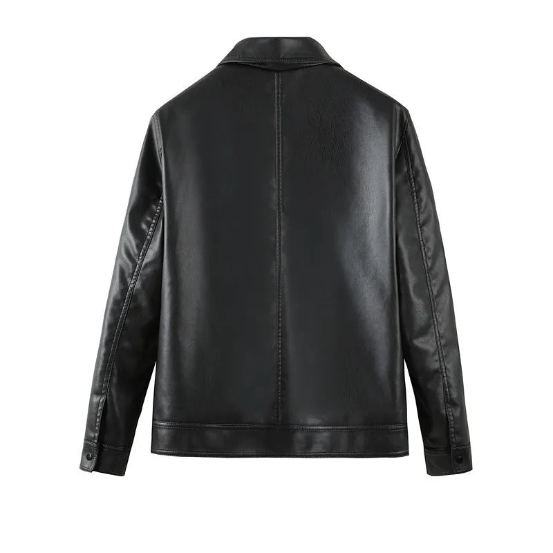 Men's black PU leather jacket with zippered pockets and loose fit design