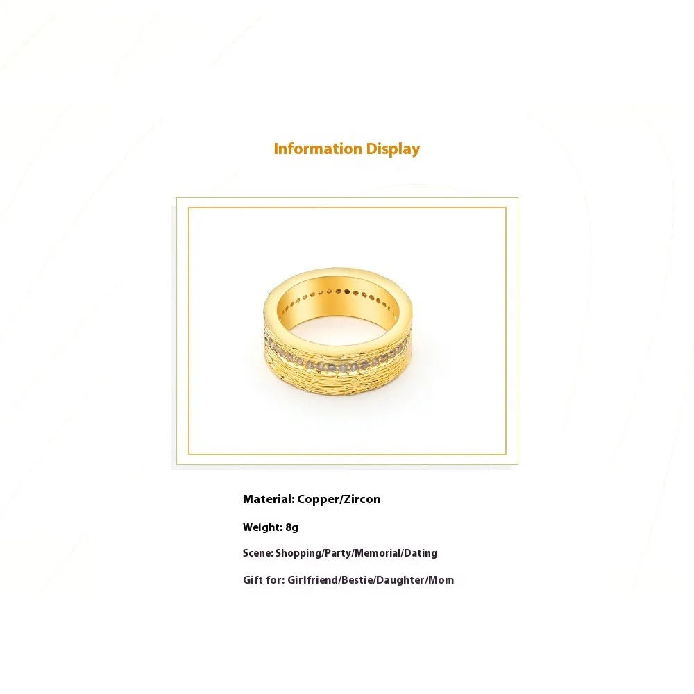 Gold geometric women's zircon ring on a white background, showing size options L, M, N.