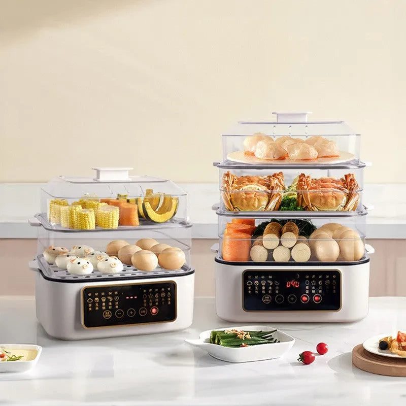 28-litre electric kitchen steamer with stainless steel rack on countertop