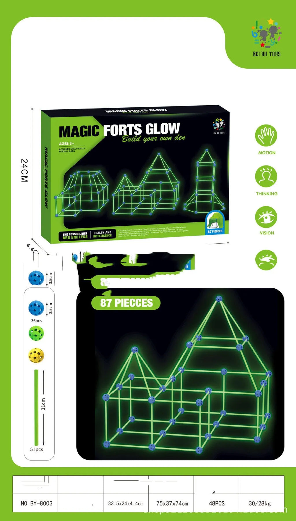 Children's luminous fort building kit with plastic rods, balls and storage bag for creative construction
