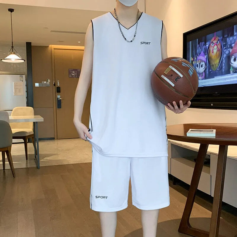 Basketball sports suit with sleeveless vest and matching shorts on a hanger
