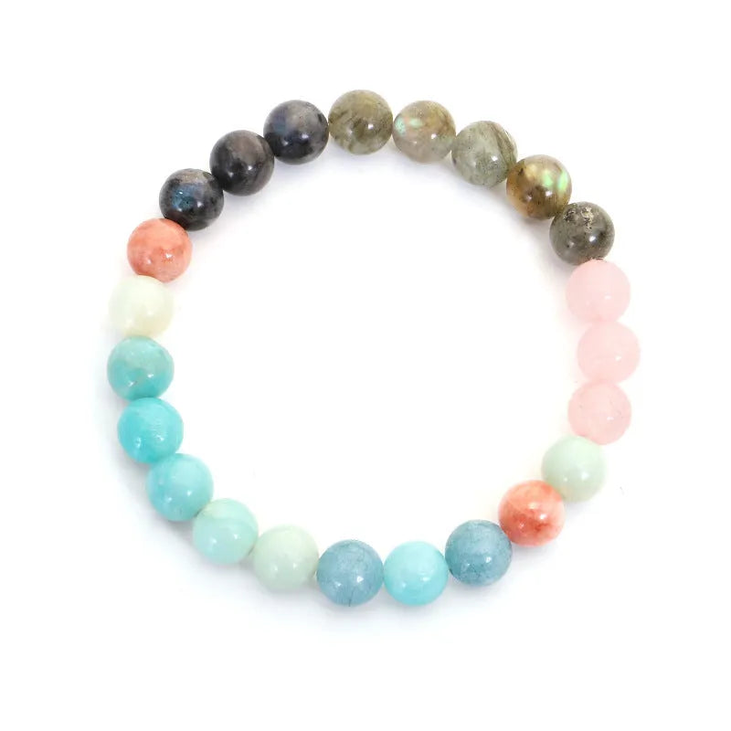 Bohemian 108 colourful stone necklace with drop-shaped tassel pendant on white background