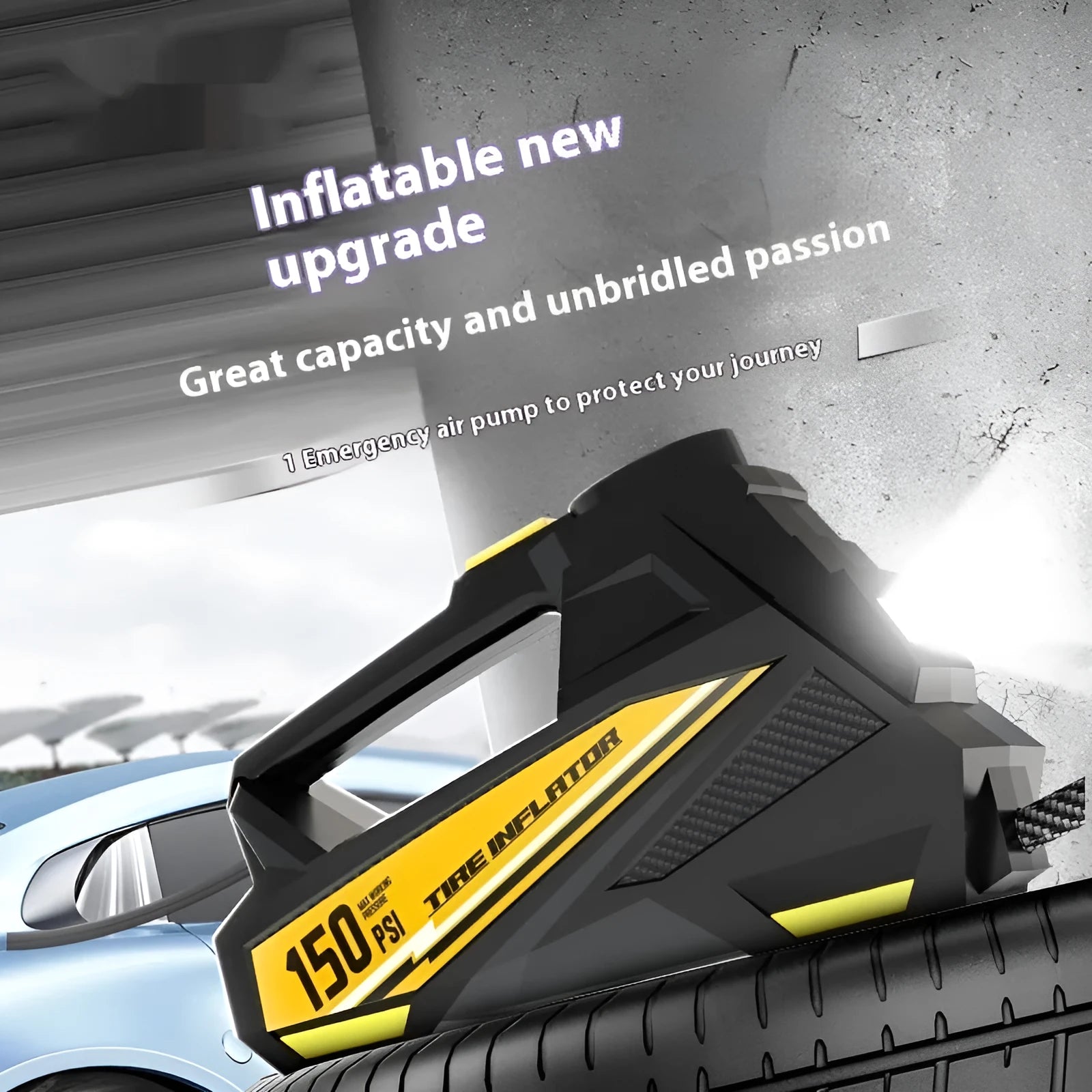 Black portable digital tyre inflator with display and light, shown with its power cord and hose.