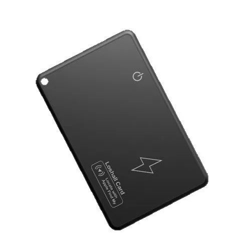 Black slim Find My compatible Bluetooth tracking card with rechargeable battery for keys and wallets.
