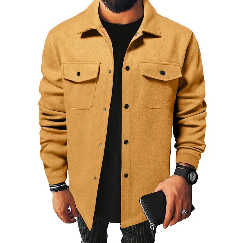 Men's brushed cotton blend cardigan shirt in solid colour, long sleeves, regular fit, available in black, khaki, army green, apricot, navy blue, light gray