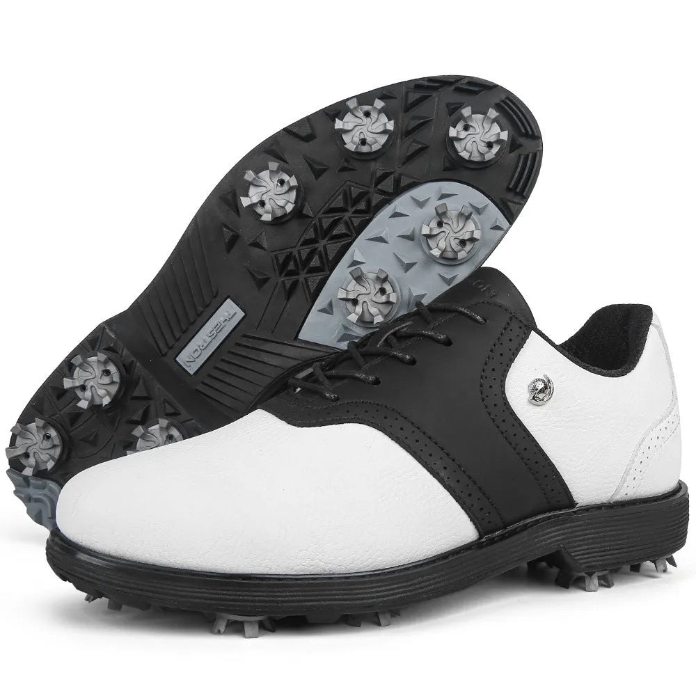 Plus size golf shoe with movable nail spikes round toe microfiber upper in black and white