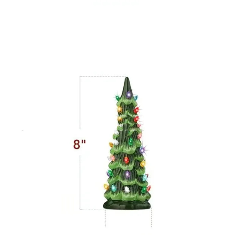European-style resin Christmas tree decoration in various sizes with coloured or warm lighting options.