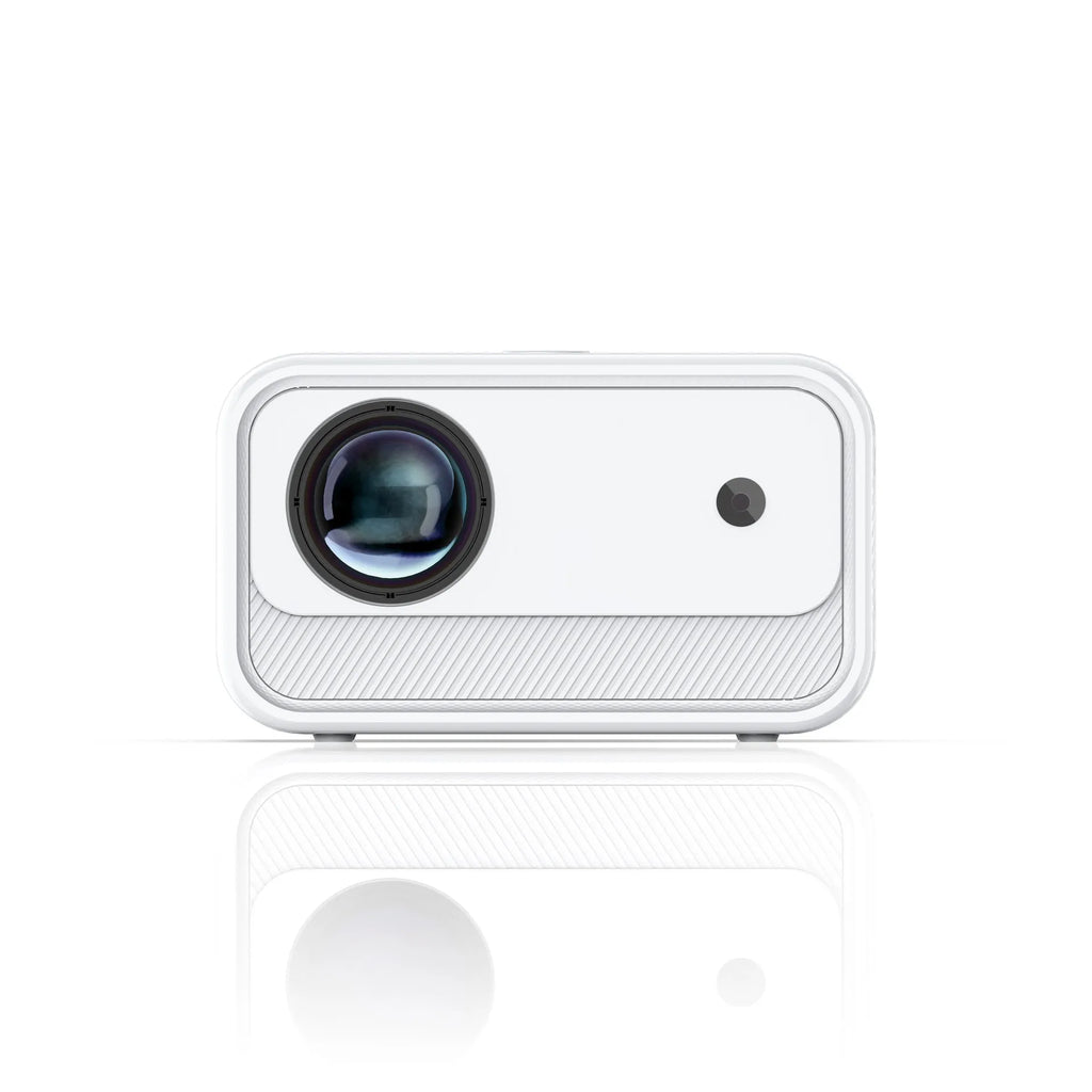 White home office HD projector with electric focus, 1080p resolution, 300 lumens on desk