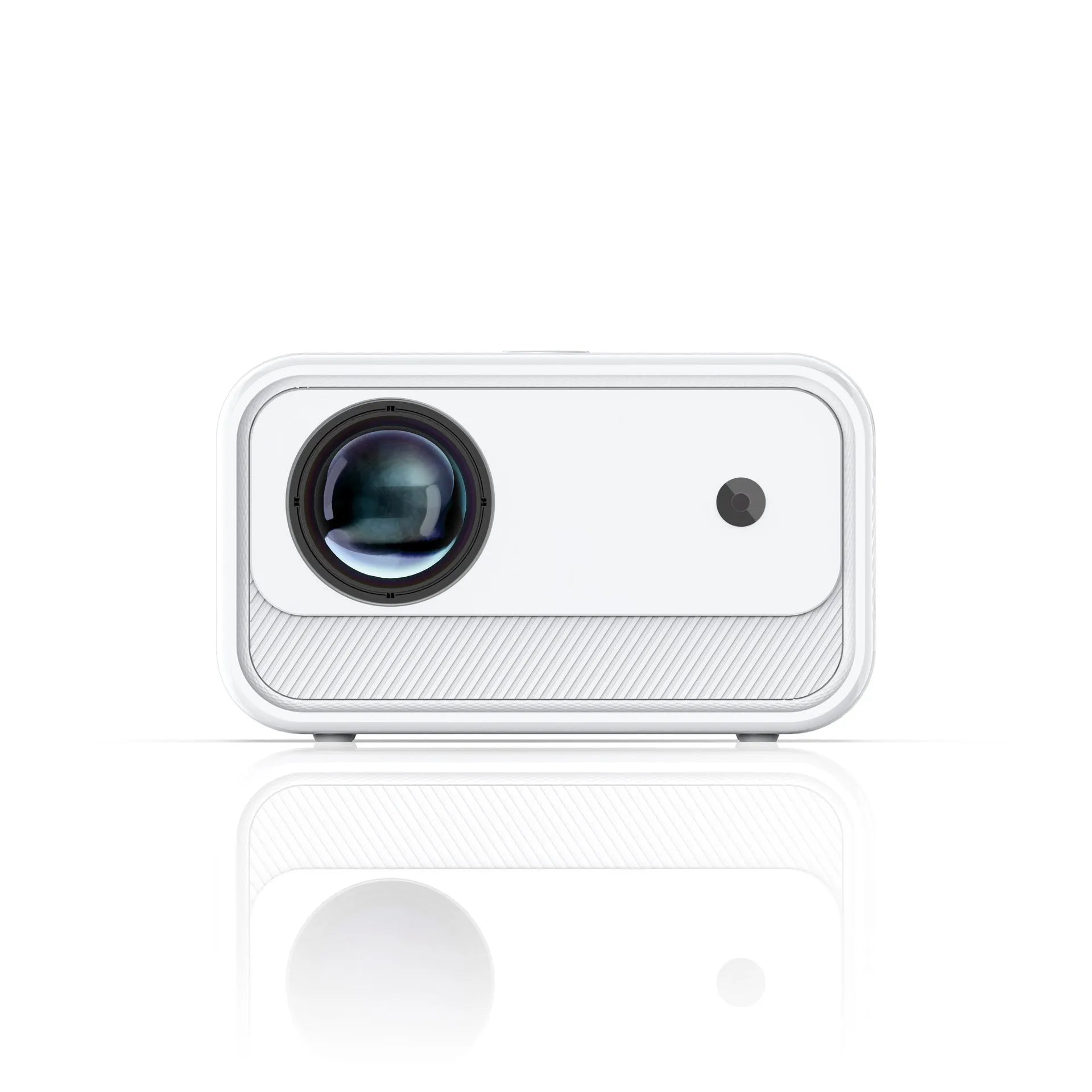 White home office HD projector with electric focus, 1080p resolution, 300 lumens on desk