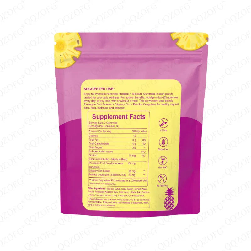 Feminine Probiotic Gummy 60 Count pouch with natural pineapple flavor for vaginal flora support
