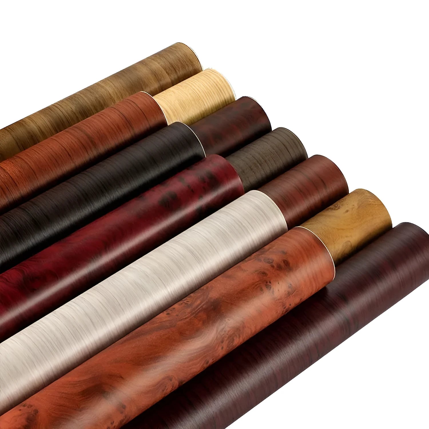 Matte wood grain PVC automotive wrap film roll showing timber pattern texture