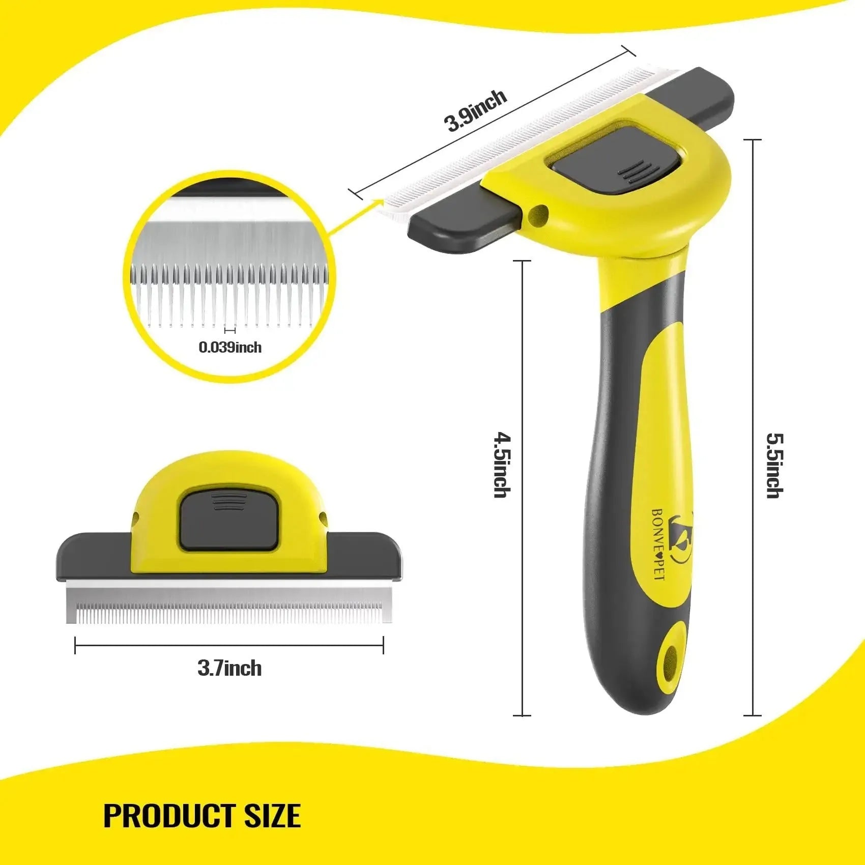 Blue and yellow dog grooming comb with stainless steel pins for hair removal and knot untying