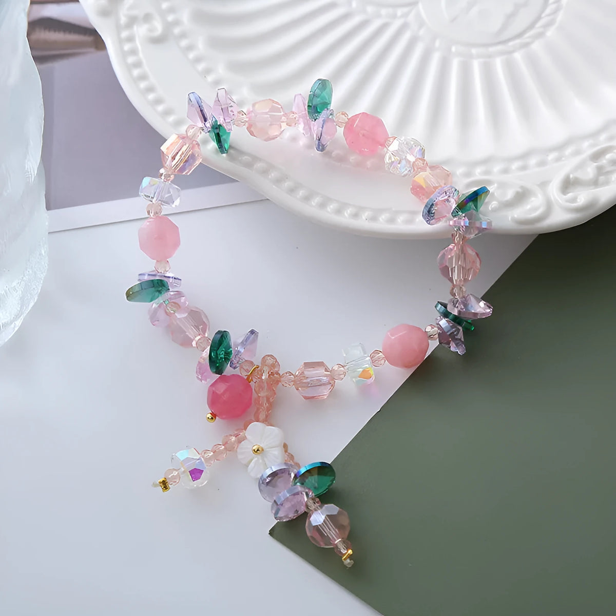 Women's hexagon crystal bracelet geometric pastoral style on neutral background