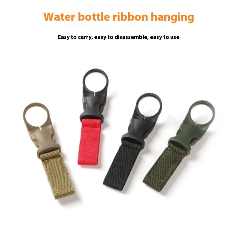 Nylon water bottle hanging buckle with webbing strap, 55g, in black, army green, khaki, or red