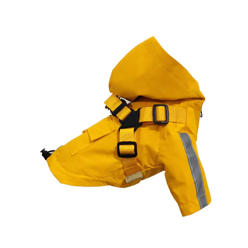 Pet waterproof raincoat in khaki with reflective details, polyester fabric, sized for dogs XS to 2XL