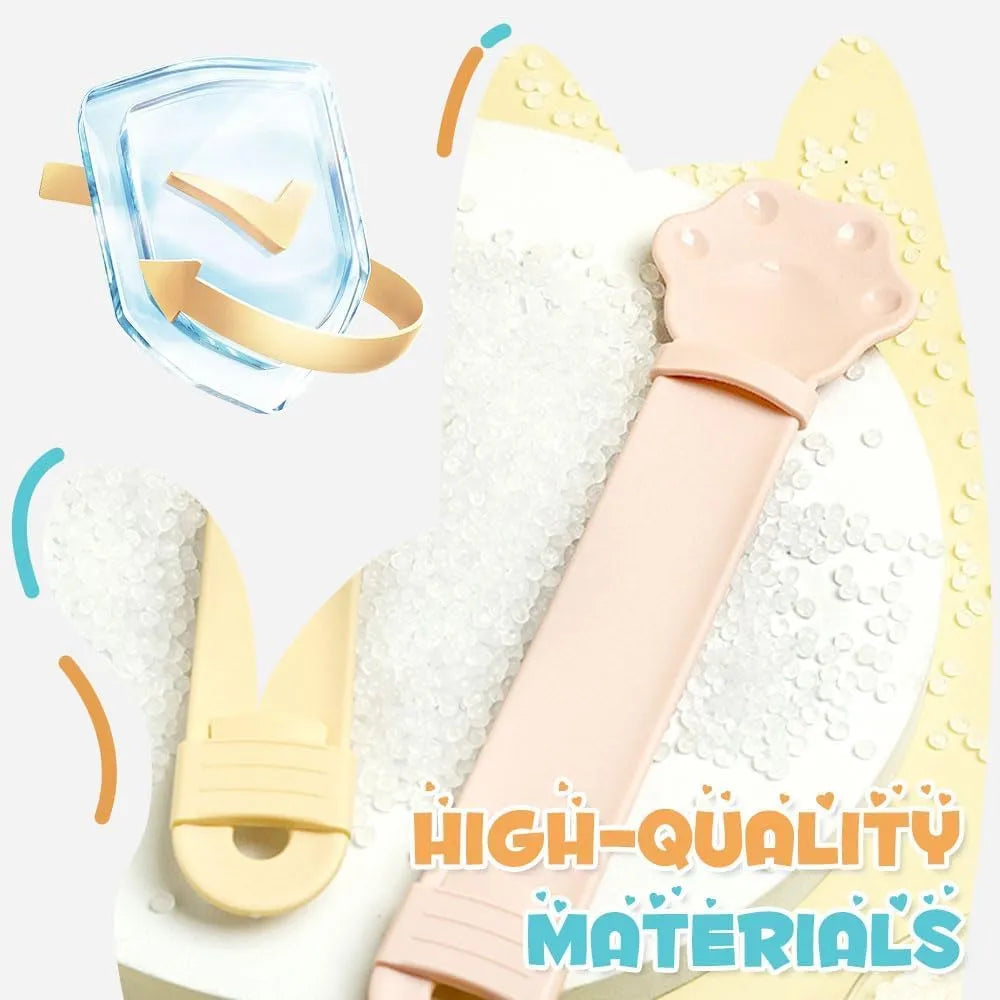 Cat food feeder squeeze tool with blue cat claw shaped spoon and sliding squeezer
