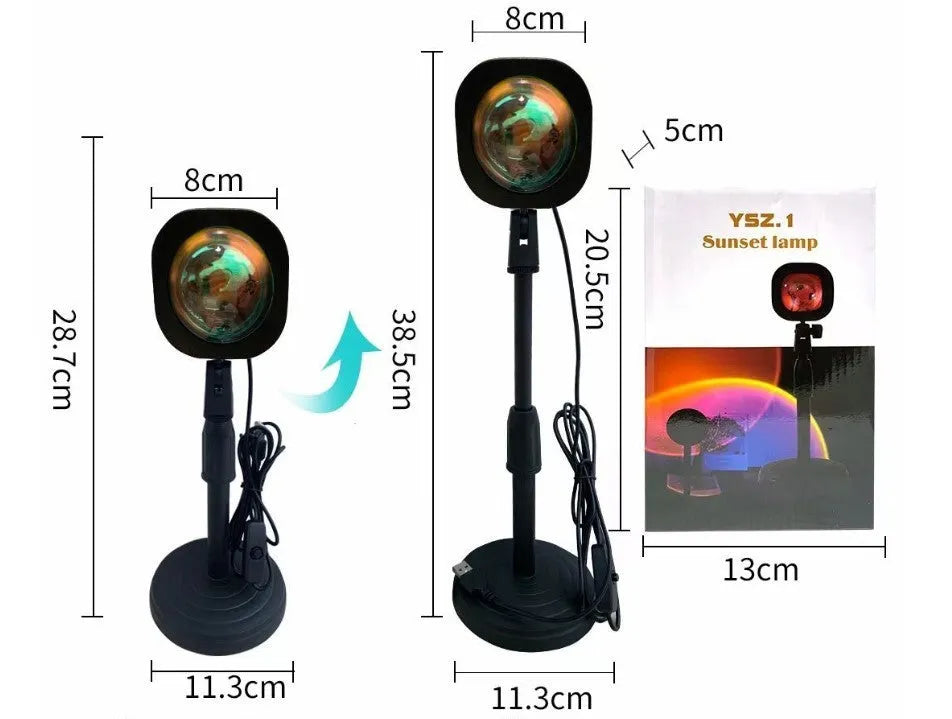 Red sunset and rainbow projection lamp with USB rechargeable operation and push-button controls