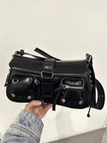 Black women's PU leather baguette messenger bag with a long shoulder strap