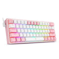 White pink mechanical keyboard with RGB backlighting and dual keycaps on black background