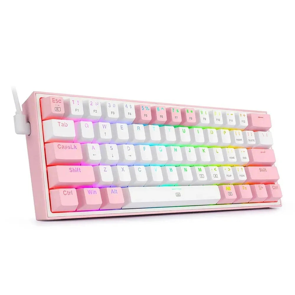 White pink mechanical keyboard with RGB backlighting and dual keycaps on black background