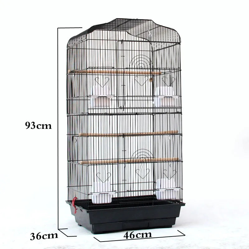 Portable wire bird parrot cage 45.5x35x93.5cm black with three wooden poles and plastic food cups removable bottom mesh