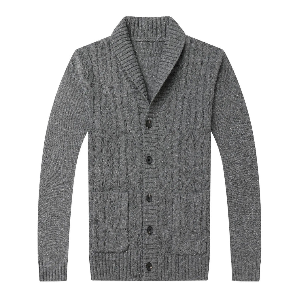 Man wearing a black Korean-style jacquard patterned knitted cardigan jacket