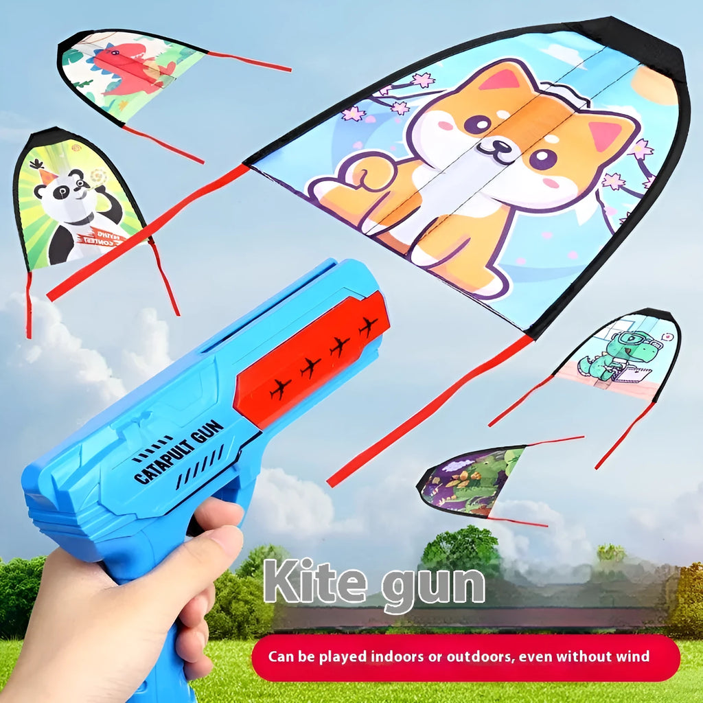 Plastic kite gun toy with rubber band and gliding kite in blue colour option