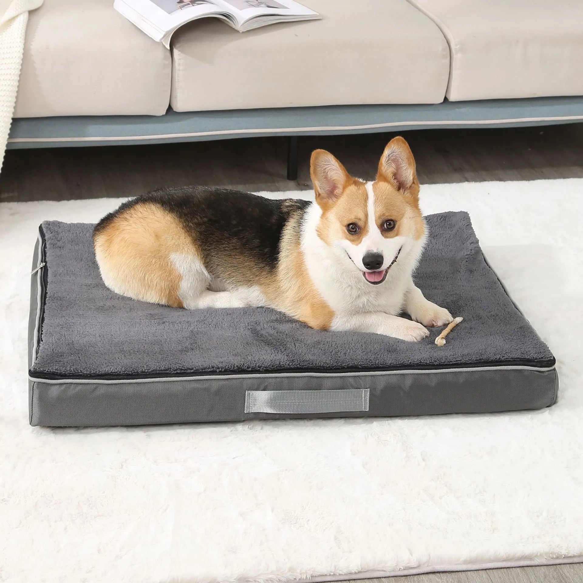 Removable cover sponge dog mat in brown, shown on a wooden floor.