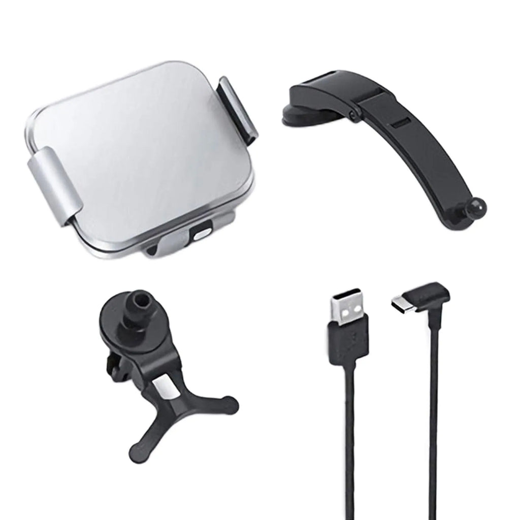 Grey folding screen car phone holder with wireless charging showing air conditioner clip and suction cup mounting options