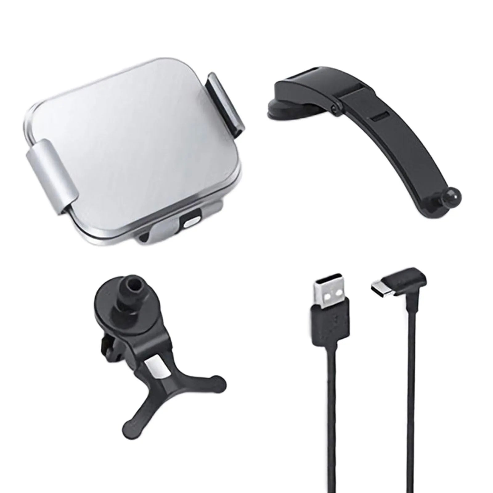 Grey folding screen car phone holder with wireless charging showing air conditioner clip and suction cup mounting options