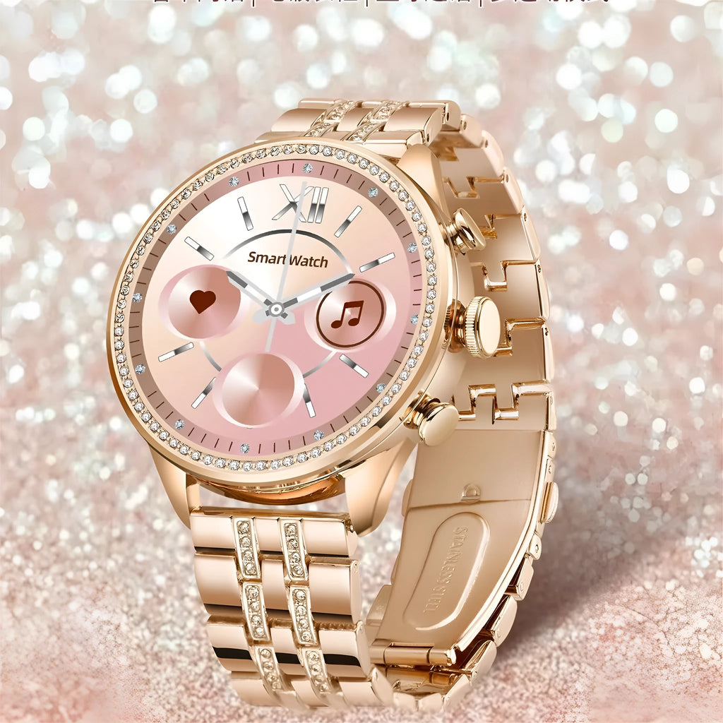 Gold smart watch with TFT screen and touch button, featuring Bluetooth calling and health monitoring functions