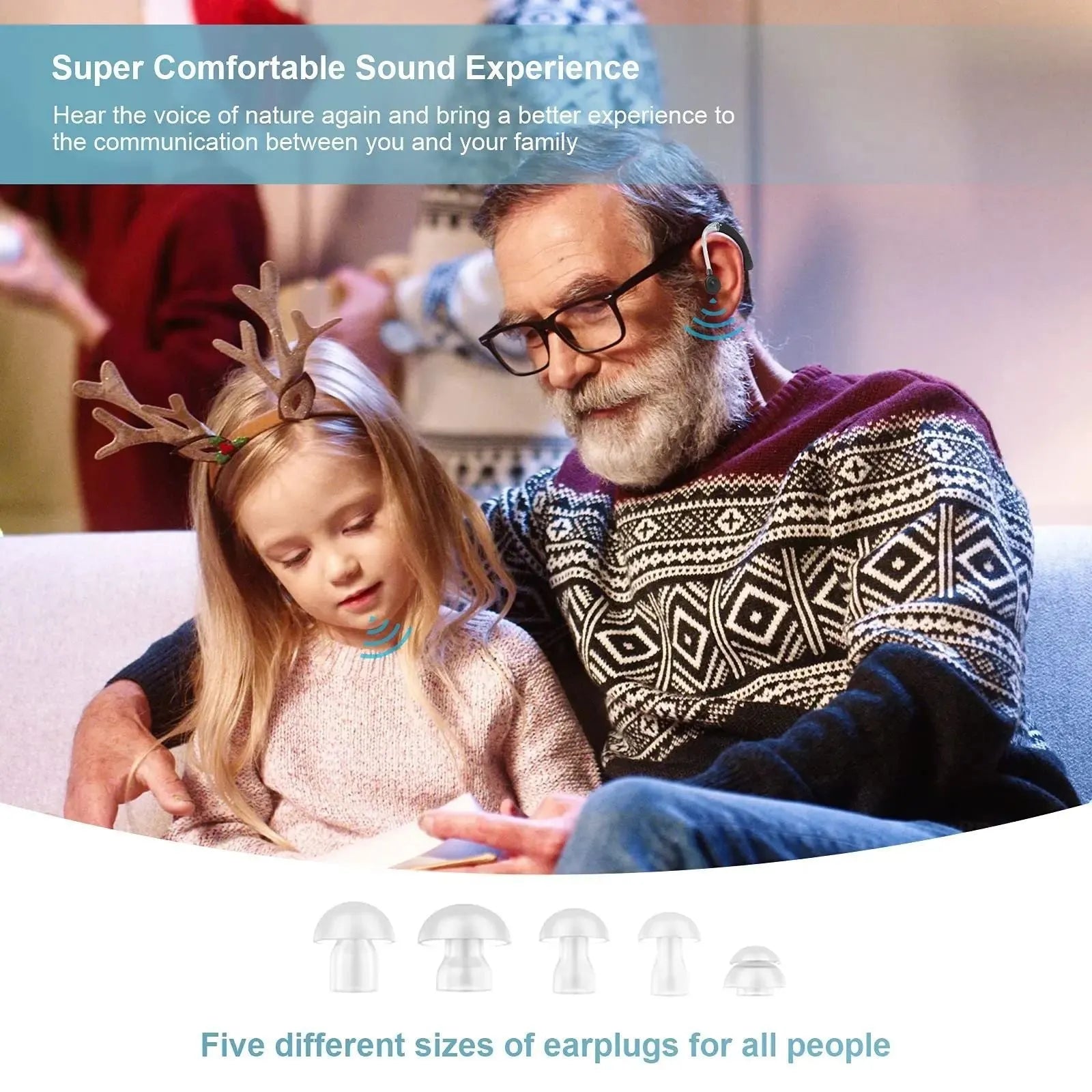 Black behind-the-ear hearing aid with noise reduction, USB powered, 60W