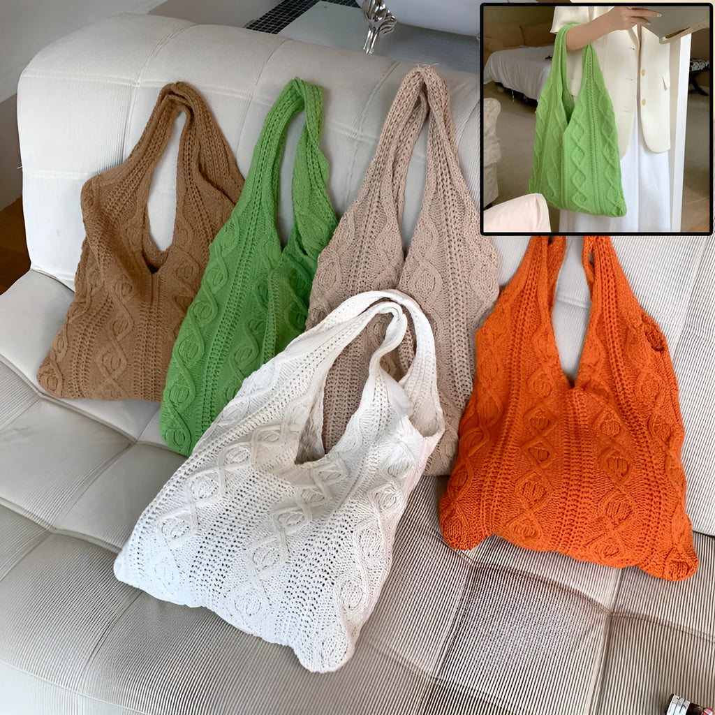 Retro hollow knitted polyester shoulder tote bag in large 55cm size with double straps.
