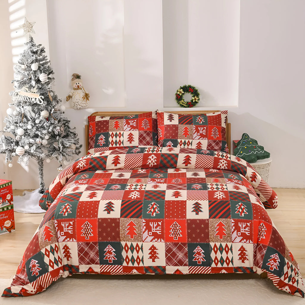 Christmas red plaid patterned duvet cover and pillowcases on a bed, showing European bed cover style.
