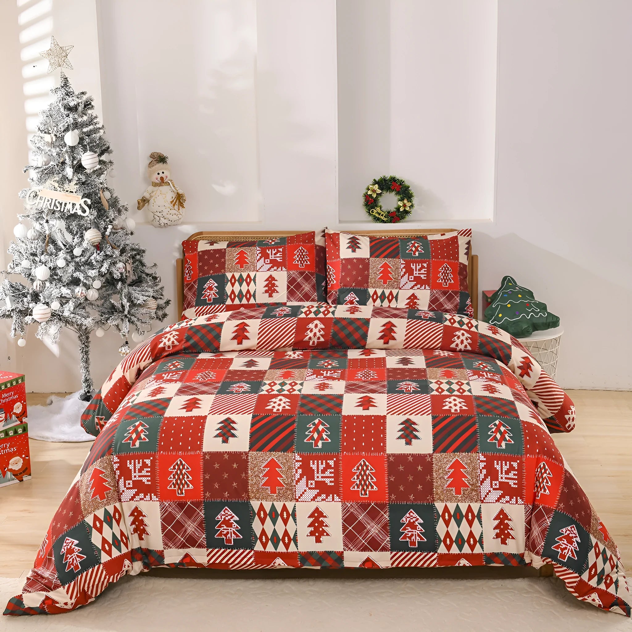Christmas red plaid patterned duvet cover and pillowcases on a bed, showing European bed cover style.