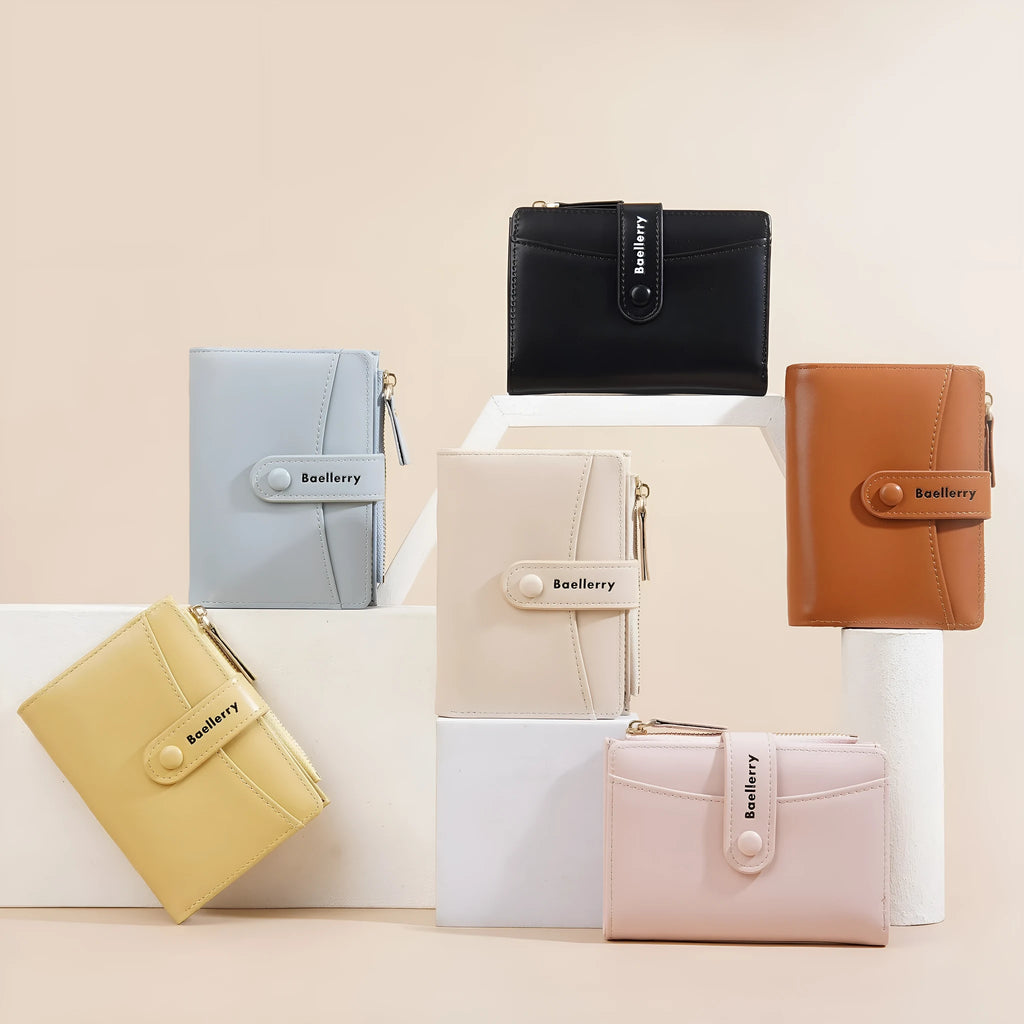Women's short PU wallet in various colours showing waterproof and anti-theft features