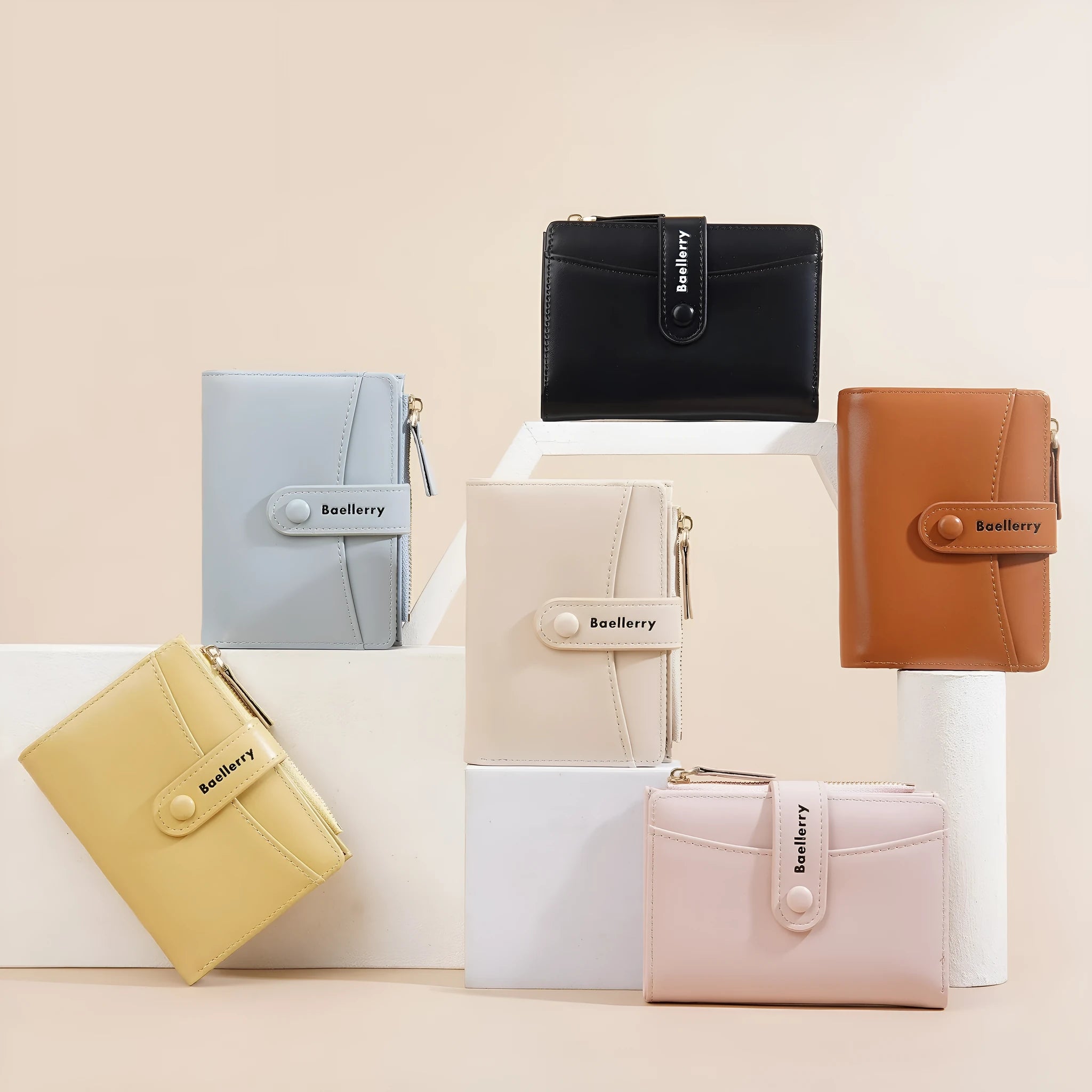 Women's short PU wallet in various colours showing waterproof and anti-theft features