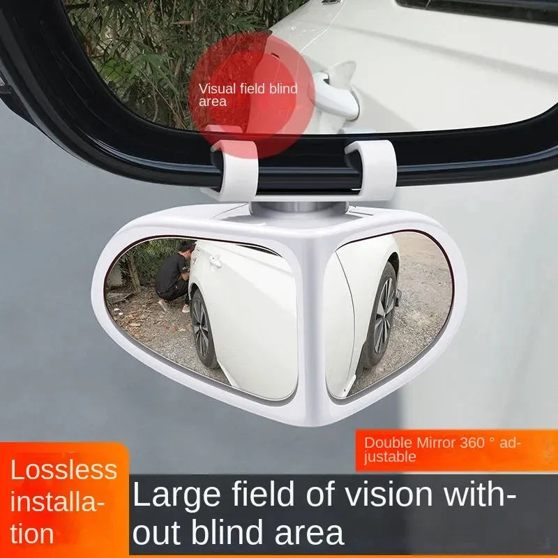 A pair of small, round, adjustable wide-angle car auxiliary mirrors on a black ABS plastic shell.