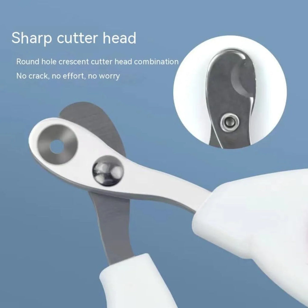 Blue cat nail clippers with circular hole design and ergonomic non-slip handle on a white background