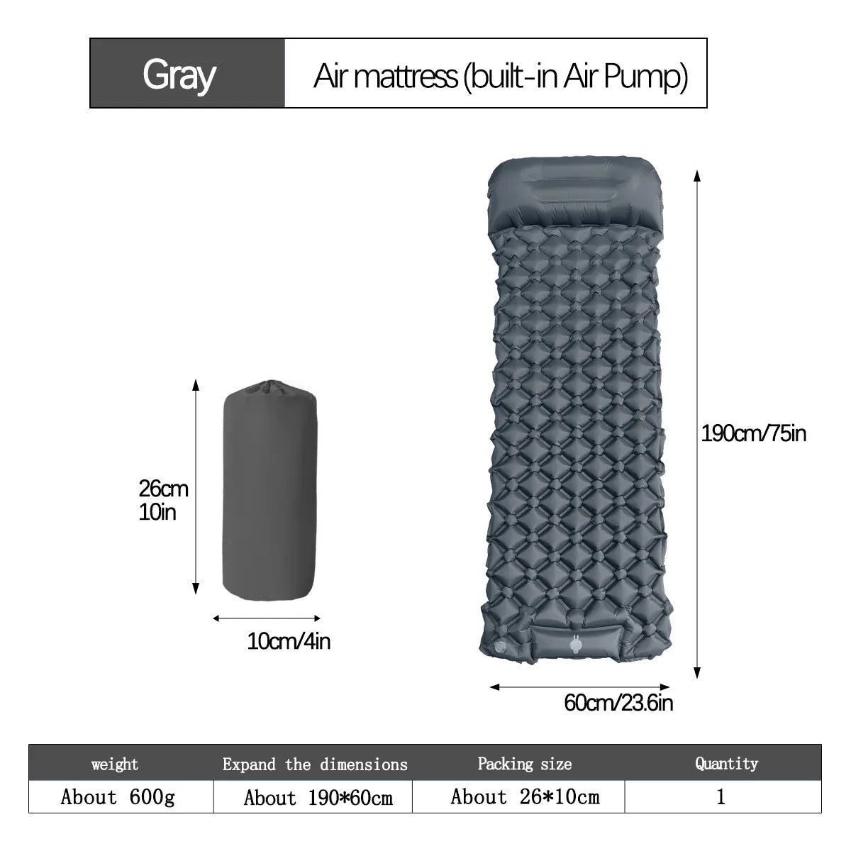 Single TPU inflatable mattress 190x60x5cm with foot pillow, shown in orange, blue, grey, or green