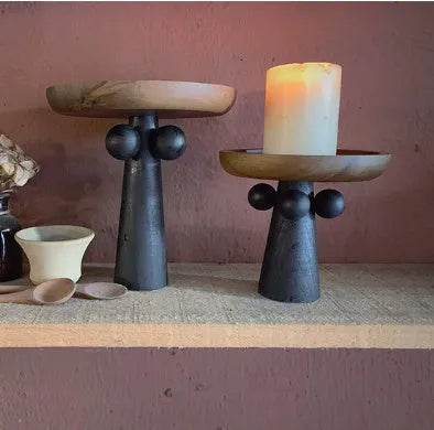 Nordic style wooden round tray on high legs for candle and perfume display organisation