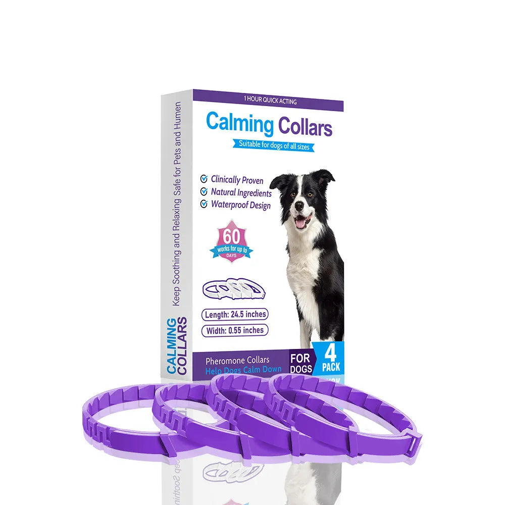 Four dog anxiety relief collars in different colours with Chinese style monochrome design