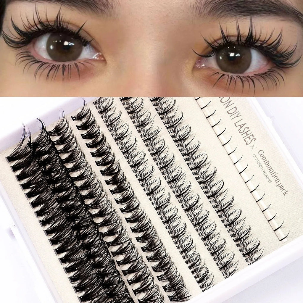 DIY false eyelash glue suit showing single-cluster artificial fibre lashes and adhesive tweezers brush tools on a pink background.