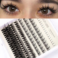 DIY false eyelash glue suit showing single-cluster artificial fibre lashes and adhesive tweezers brush tools on a pink background.