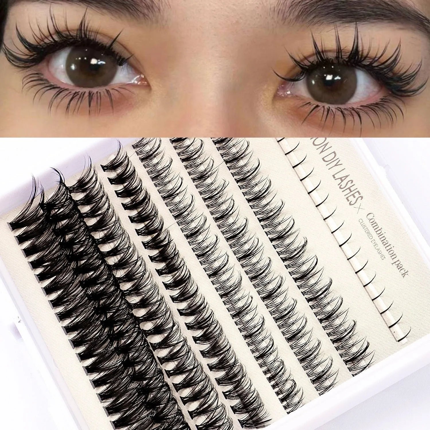 DIY false eyelash glue suit showing single-cluster artificial fibre lashes and adhesive tweezers brush tools on a pink background.