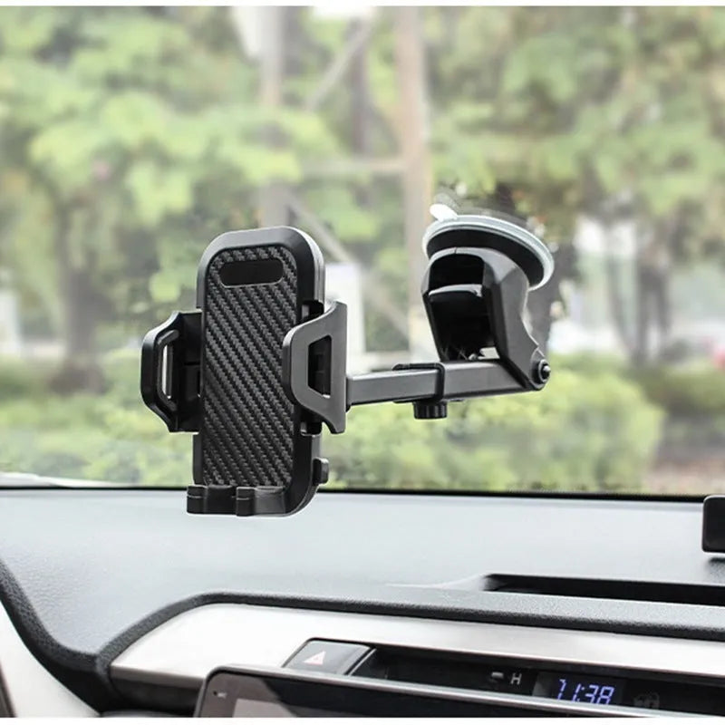Carbon fibre texture car phone holder with silicone suction cup and telescopic rod, fits phones up to 8.5cm wide.
