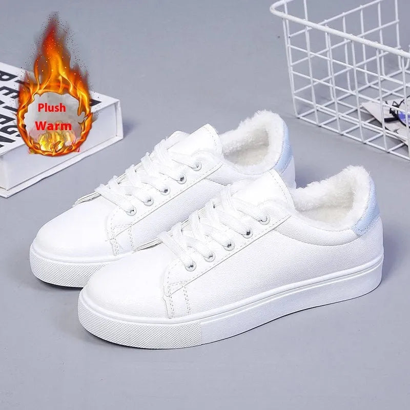 Flat low-top sneakers with PU upper, cloth lining, rubber sole, round toe, in white, black, or blue.