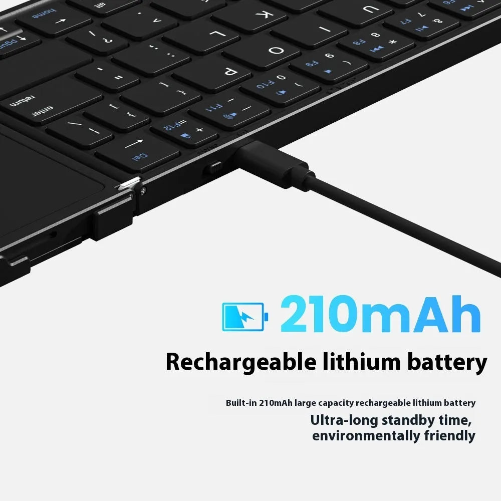 Black folding Bluetooth keyboard for mobile phones and tablets showing compact folded design