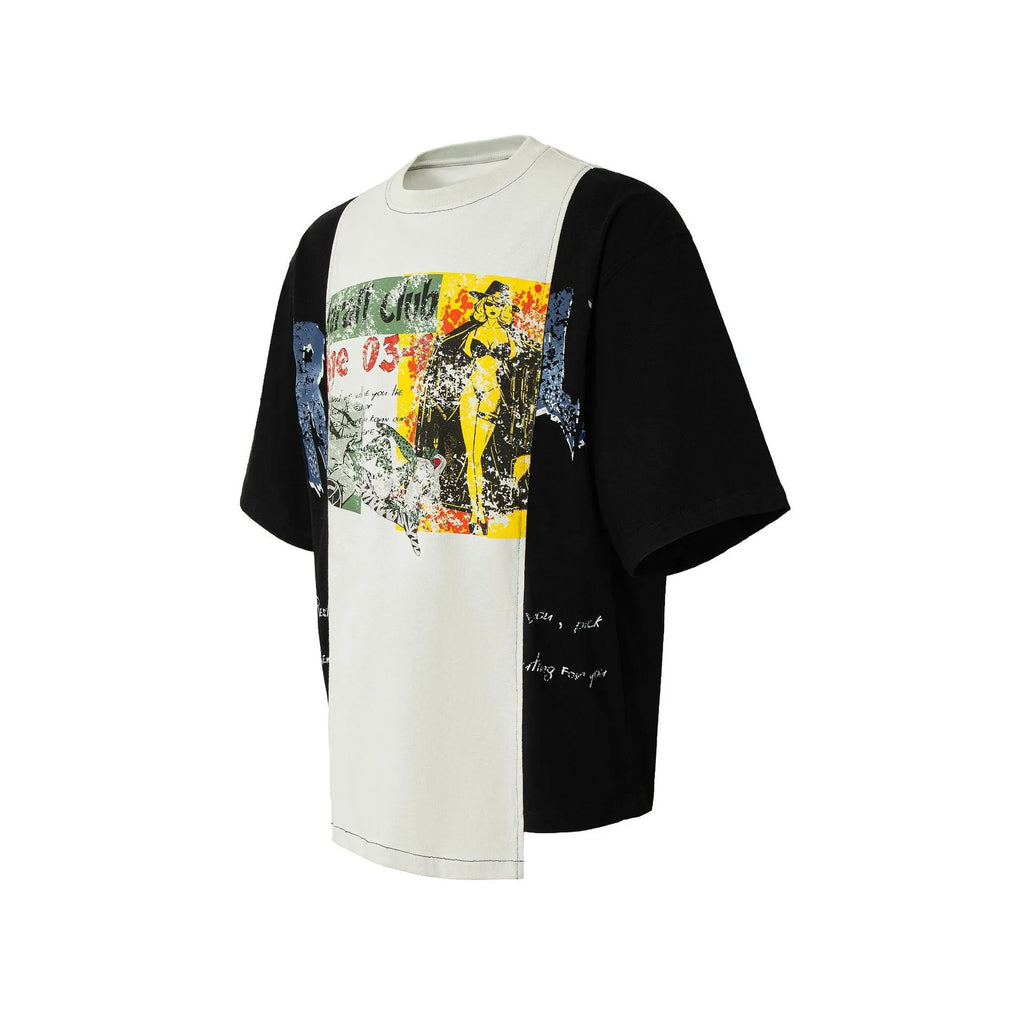 Black and white deconstruction collage printed cotton blend t-shirt with loose fit and short sleeves